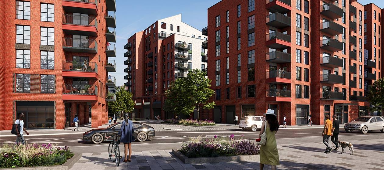 A courtyard with plants and trees in the middle of a building - Barratt London Homes