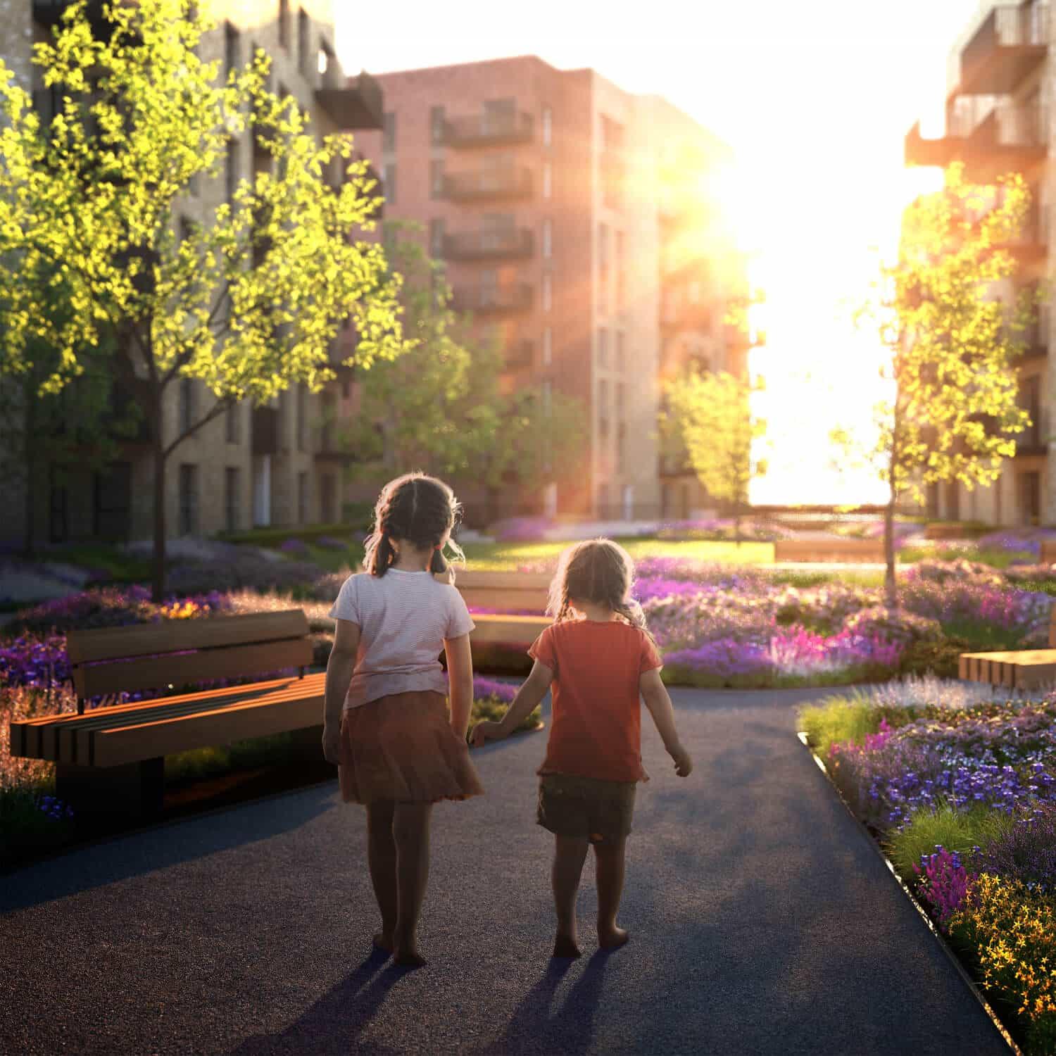 Two young girls walking down a path in London, with flowers in the background