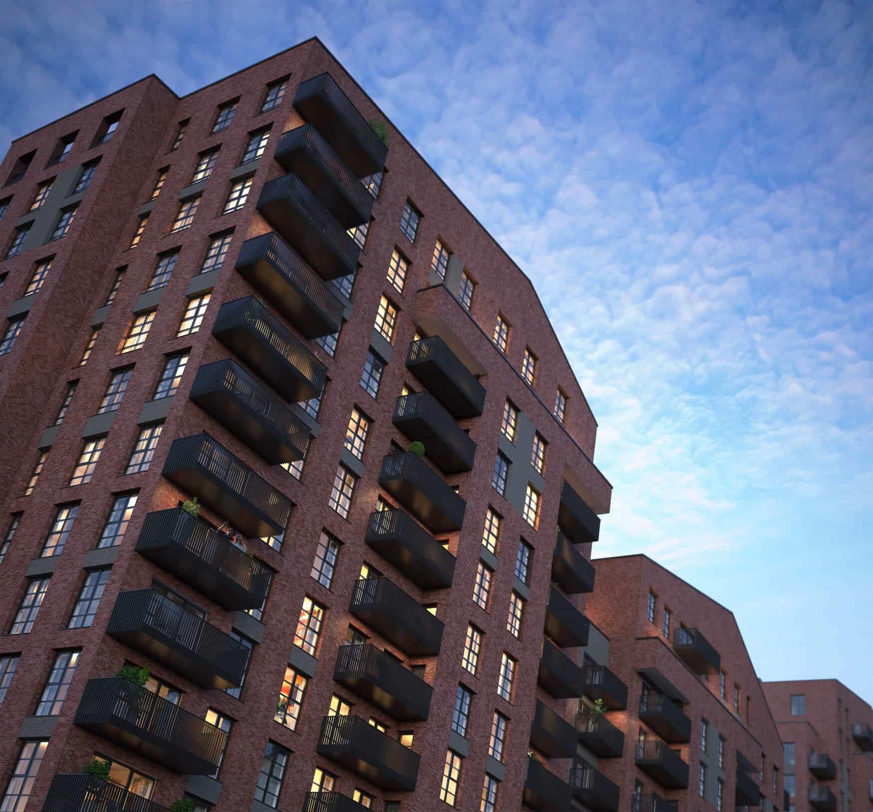 Sterling Place Homes, an apartment building in London, with balconies and a view of the blue sky