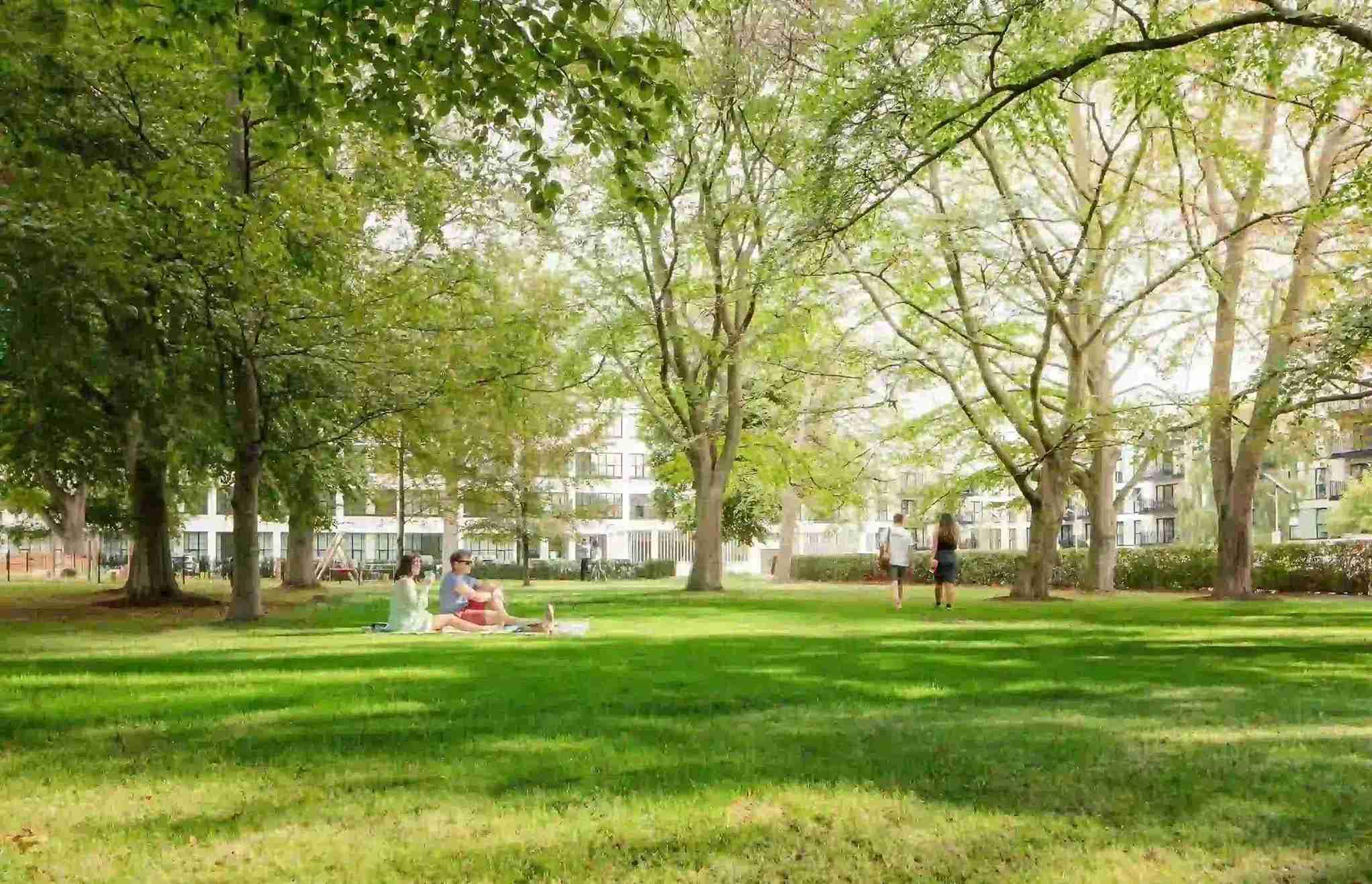 A group of people are sitting in Hayes Village Homes, a grassy area.