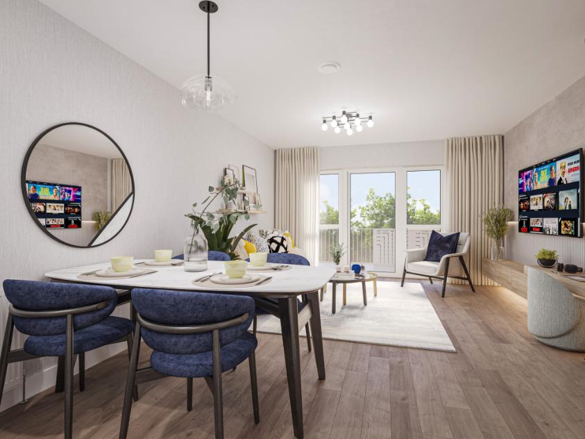 A dining room with blue chairs and a TV located in the Springfield Place Development in London