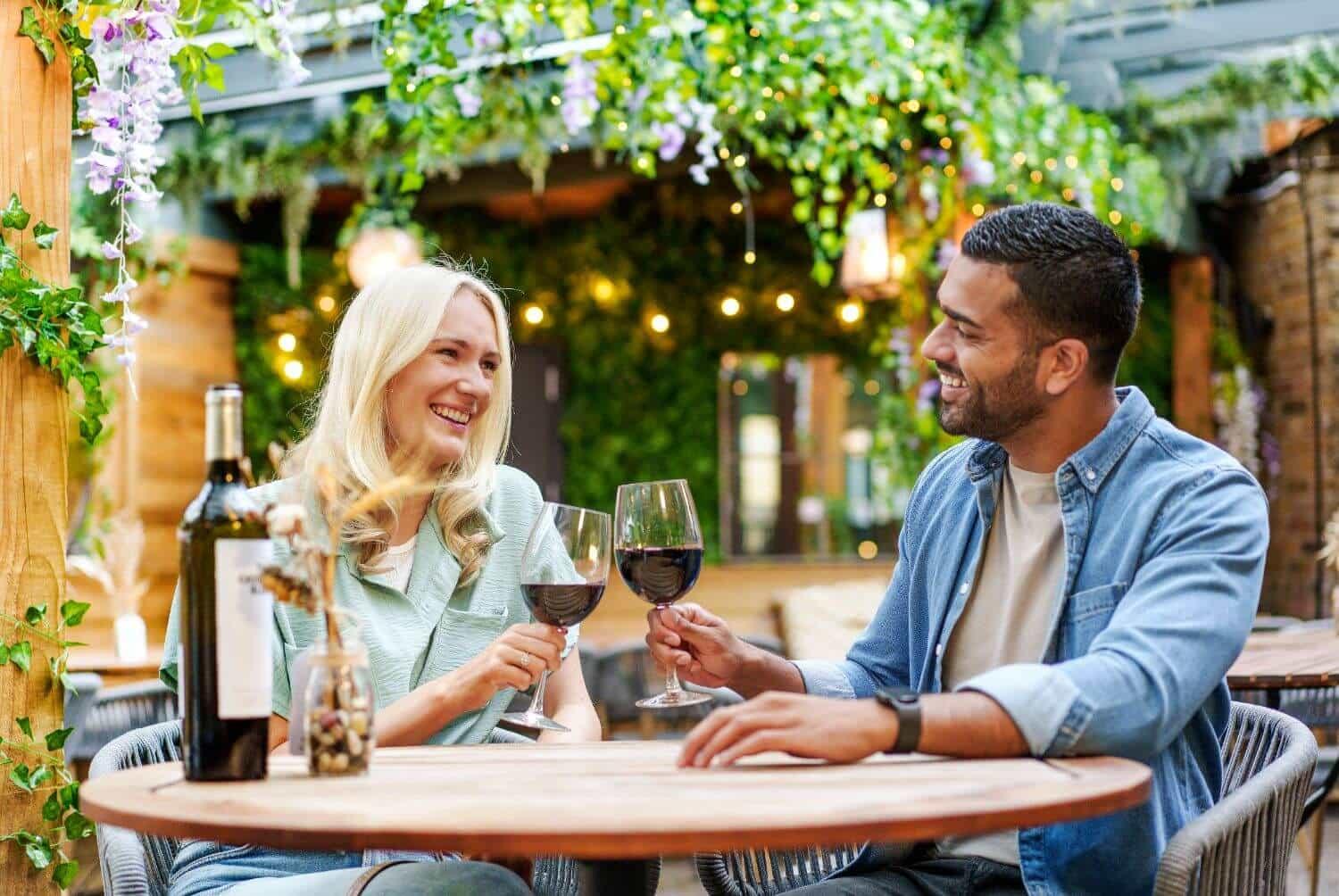 A couple enjoying wine at an outdoor restaurant in London