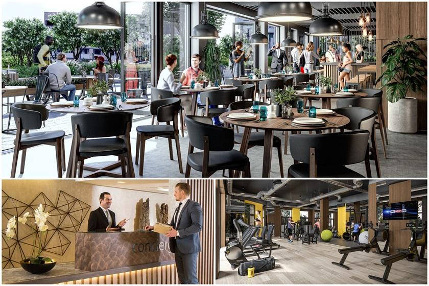 A collage of pictures showcasing the Ridgeway Views Property, featuring a gym and a restaurant