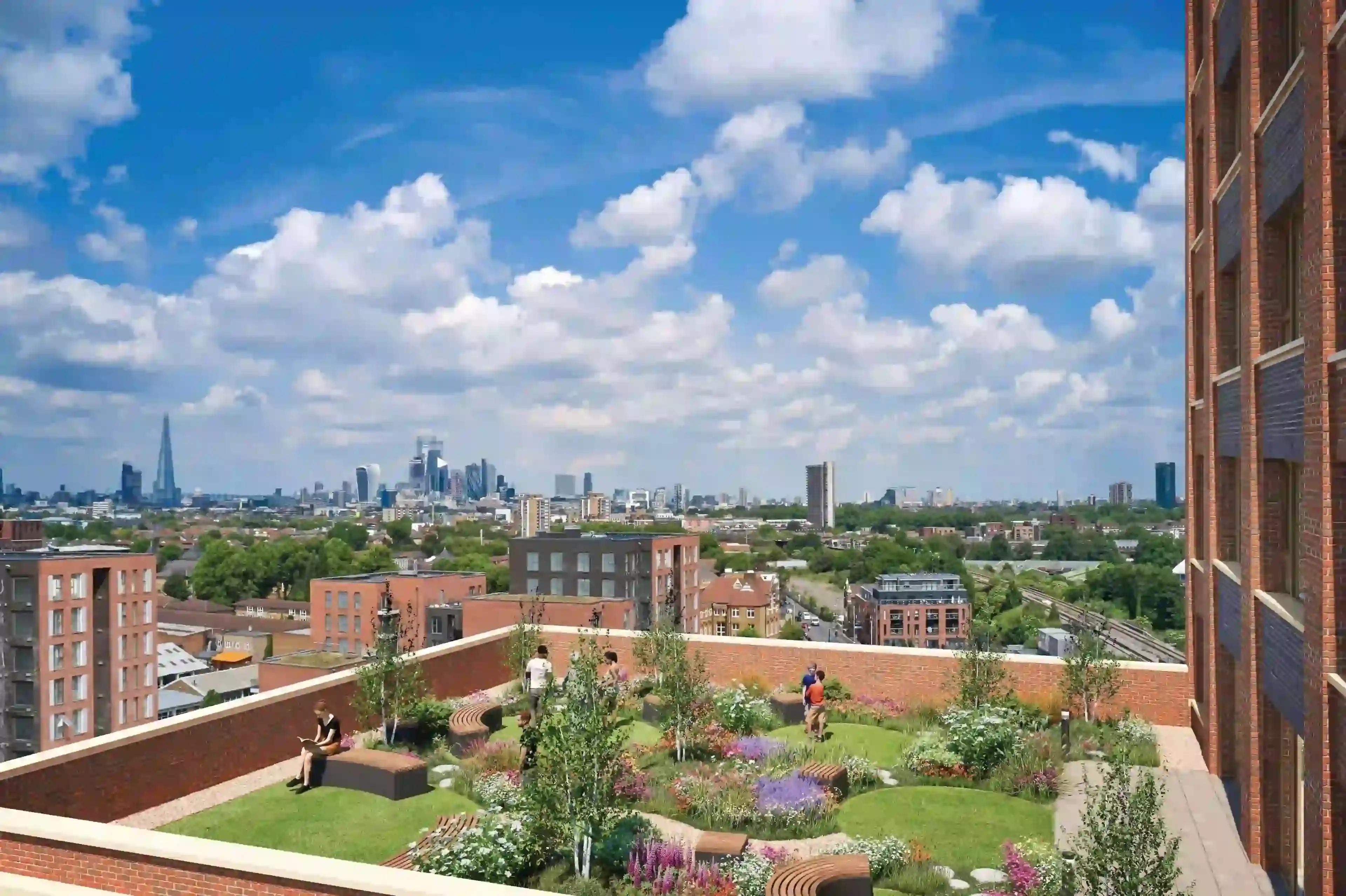 A rooftop garden with a view of the city located in Bermondsey Heights Homes, SE15 1NS