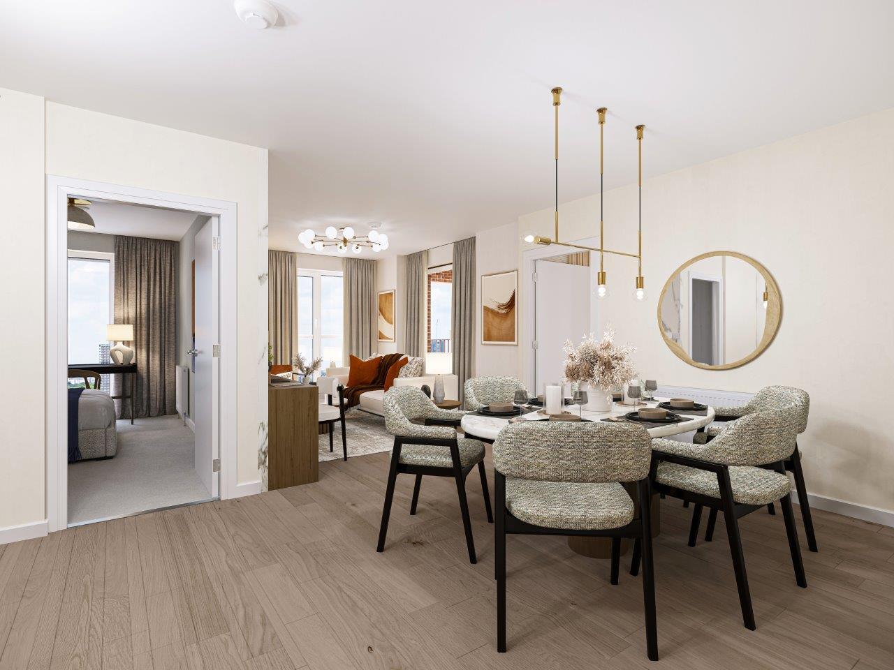 A dining room in a modern apartment located in Bermondsey Heights Homes, London (SE15 1NS)