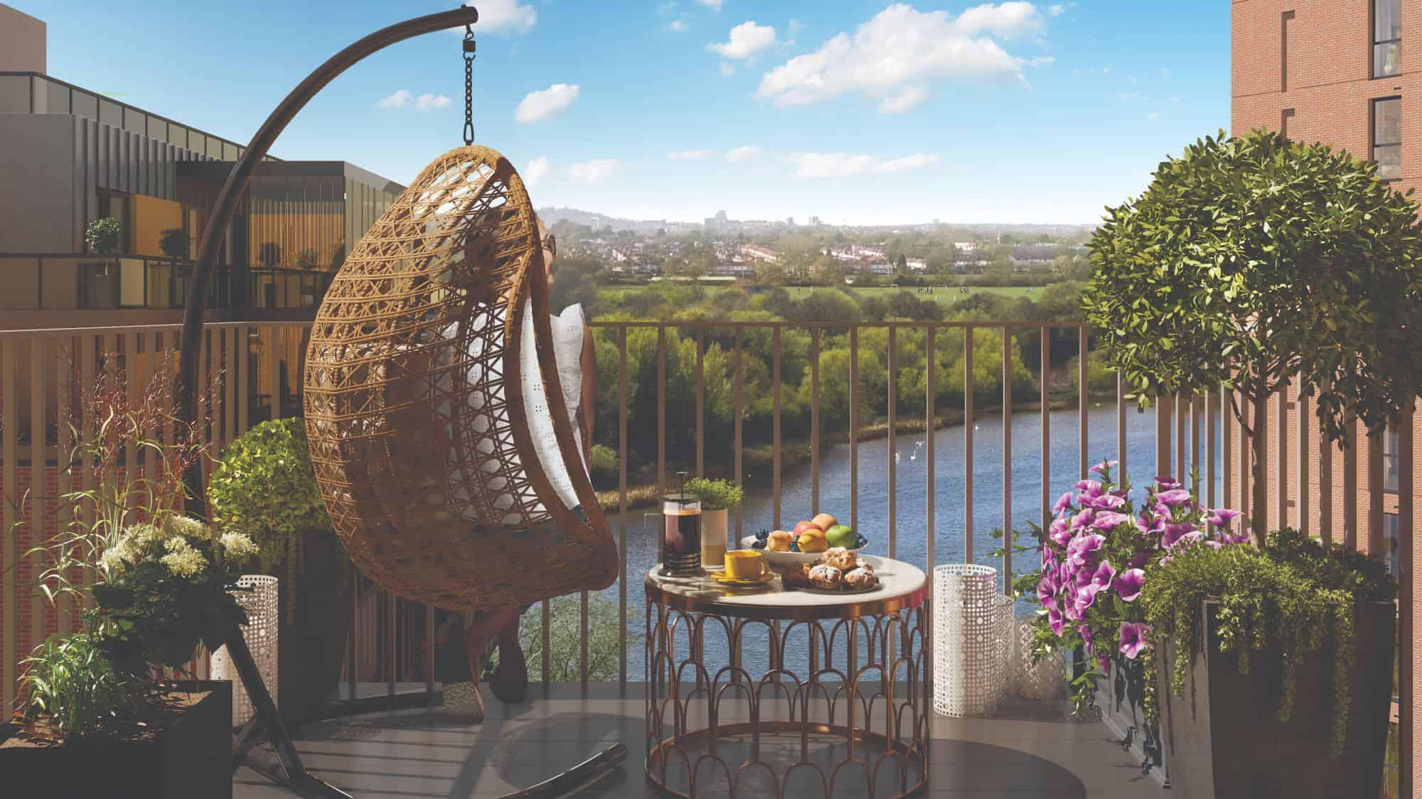 A balcony with a view of the river in Hendon Waterside Homes